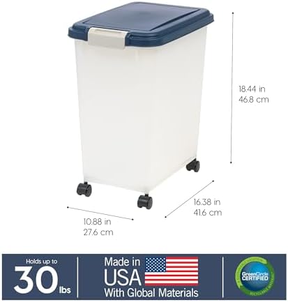 IRIS USA Dog Food Storage Container, Up to 30 lbs, Navy/Pearl, Made in USA | Wheels for Mobility, Airtight Seal, BPA-Free, Best for Bird Seed, Cat food, Cat Litter, Chicken Feed, Pellets