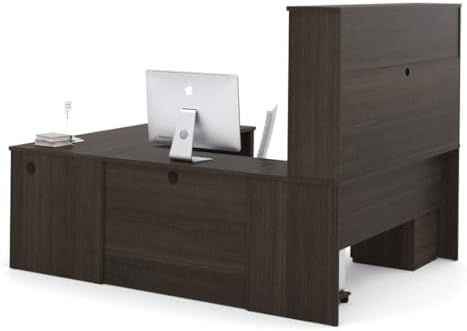 Pemberly Row 71" U-Shaped Computer Desk with Hutch, Dark Chocolate Finish, Melamine and High-Density Particle Board, Reversible Design