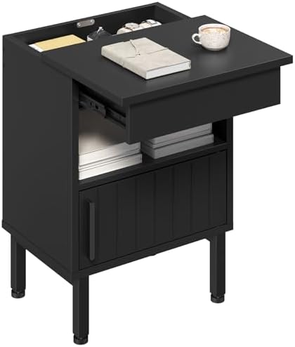 Small Nightstand with Gun Drawer, Bedside Table with Hidden Compartment, End Table with Storage, Night Stand for Bedroom, Office, Black ET22BB