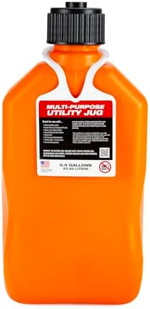 VP Racing 3572-CA, 5.5-Gallon Square Motorsport Jug Orange w/ 14" Deluxe Hose Close-Trimmed Cap and Neck for Tight Seal (1 Pack)