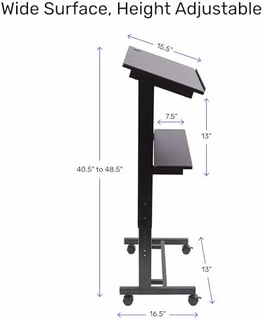 Stand Up Adjustable Height Lectern Podium | Rolling Desk with Storage Shelf | Ergonomic Standing Desk Frame for Office, Classroom, Laptop, Teaching, Presentations & More (Dark Walnut)