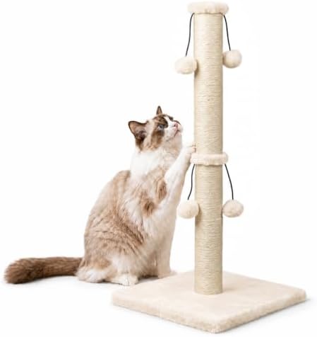 Dimaka 29'' Cat Scratching Post, Natural Sisal Rope Scratcher Post, Kitten Claw Scratch with 4 DanglingToy Balls for Large Cats (Grey)