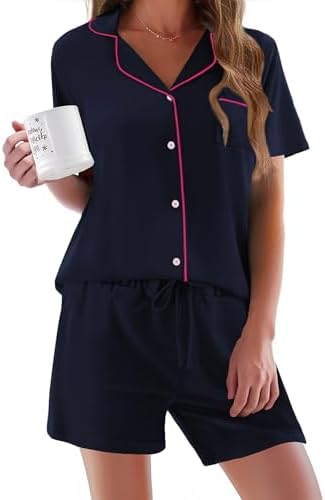 Ekouaer Pajamas Set for Women Short Sleeve Sleepwear Button Down Pj XS-XXXL | Summer 2 Piece Lounge Set, Soft Fabric, Drawstring Waistband, for Bridesmaid Bride Party, Plus Size, Petite, Cute Pattern