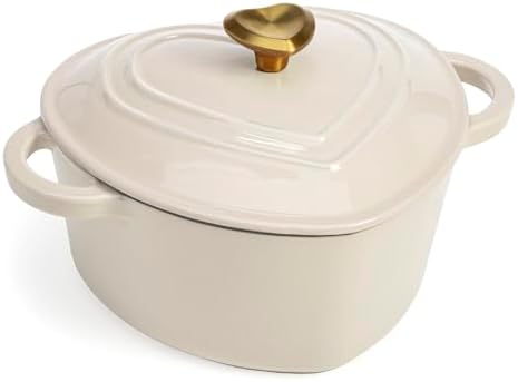 Paris Hilton Enameled Cast Iron Dutch Oven Pot with Lid, Heart-Shaped Dutch Oven, Durable Cast Iron Pot with Dual Handles, Oven Safe to 500°F, Works on All Stovetops, 2-Quart, Cream