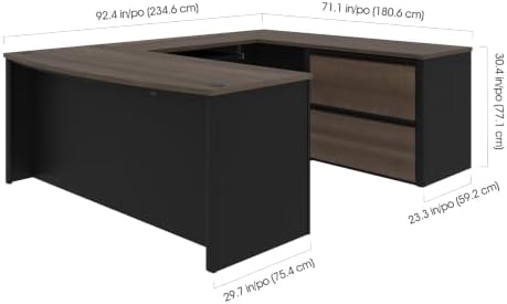 Bestar U-Shaped Executive Desk with Cabinet, Antigua/Black, Connexion, 72W
