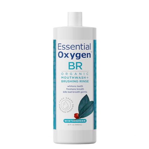 Essential Oxygen Certified BR Organic Brushing Rinse, All Natural Mouthwash for Whiter Teeth, Fresher Breath, and Happier Gums, Alcohol-Free Oral Care, Peppermint, 16 Ounce, Package may vary