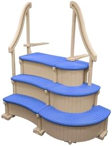 Confer Plastics Curved Drop-in Inground Pool Step 3 Tread Stair Entry System w/ 2 Handrails & Adjustable Mounting Brackets - Base Step, Grey Treads
