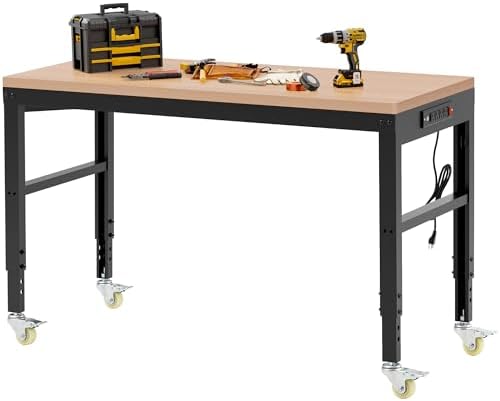 Antifir 60" Adjustable Workbench, Heavy Duty Wood Workstation | Garage Workbench, 2000 LBS Load Capacity, Work Table with Power Outlet and Foot Pads for Commercial, Workshop, Office, Home