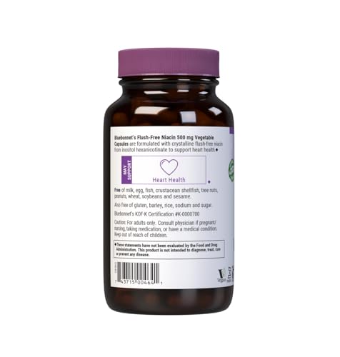 Bluebonnet Nutrition Flush-Free Niacin 500mg, for Nutritional Cardiovascular Support Vegetable Capsules, Soy/Dairy/Gluten Free, Non-GMO