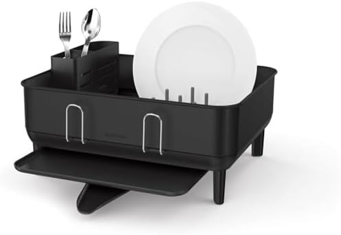 simplehuman Steel Frame Dishrack, Large Capacity Dish Drying Rack, 360º Easy Drain Swivel Spout, Utensil & Wine Glass Holder, Anti-Residue Coating