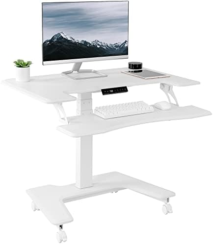 VIVO Black Electric Mobile Height Adjustable 36 inch Dual Platform Standing Desk with Wheels, Rolling Small Space Table, Sit Stand Workstation, DESK-V111VT