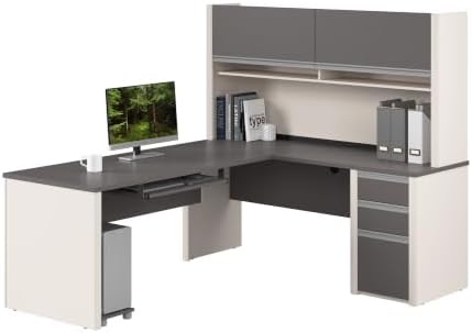 Bestar Connexion L Shaped Desk with Hutch and Pedestal in Slate and Sandstone