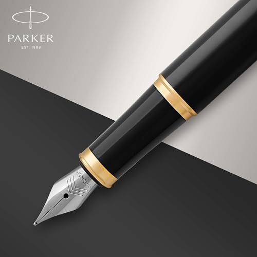 Parker IM Fountain Pen, Black Lacquer Gold Trim, Medium Nib with Blue Ink Refill, Gift Box (1931652)
