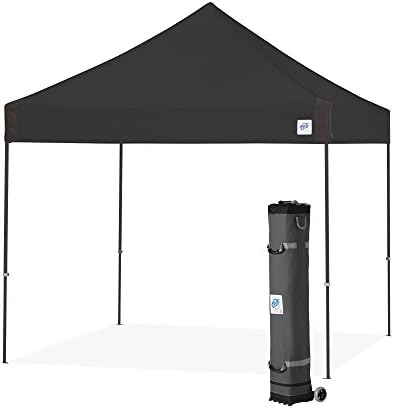 E-Z UP Vantage Instant Shelter Canopy, 10' x 10', Steel Gray Powder-Coated Steel Frame with Wide-Trax Roller Bag & 4 Piece Spike Set, Black