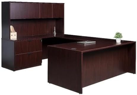 Boss Office Products Holland Executive U-Shape Desk with Lateral File Storage and Hutch, 66", Mocha