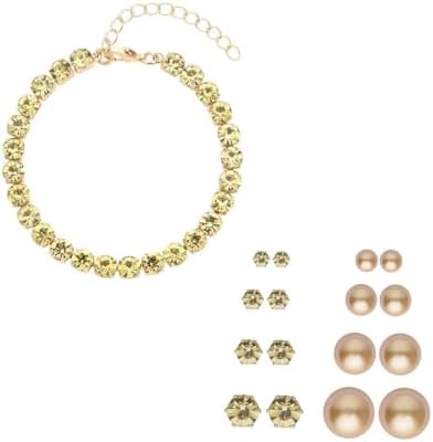 9 Piece Set Golden Shell Pearl Crystal Steel Earrings Bracelet Set 7.5-9.5"