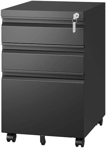 SIMPLI-Magic 3-Drawer Mobile File Cabinet with Lock - Under Desk Rolling Metal Filing Cabinet, Letter/Legal/A4, Fully Assembled, Home Office Organizer
