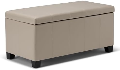 SIMPLIHOME Dover 36" Wide Vegan Leather Storage Ottoman in Midnight Black | Distressed umber brown, contemporary ottoman with lift-top and safety hinges; rectangle storage bench for living room.