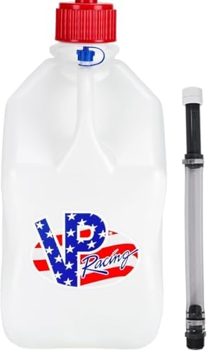 VP Racing 35221-CA, 5.5 Gal. Square Patriotic Motorsport Jug w/ 14 Inch Deluxe Filler Hose Close-Trimmed Cap and Neck for Tighter Seal