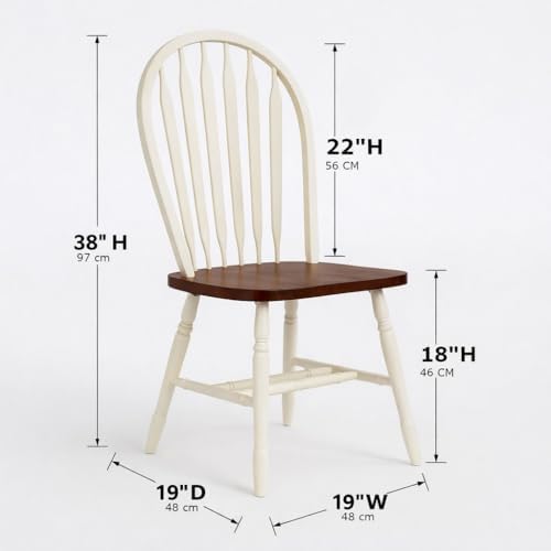 Sunset Trading Andrews Windsor Arrowback Dining Side Chair | Two Tone Antique White Chestnut Brown Solid Wood | Set of 2 Fully Assembled Sidechairs