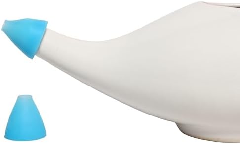 Ceramic Neti Pot Premium Handcrafted, Nose Cleaner for Sinus Dishwasher Safe with 2 Silicone Nozzle Tip, 225 Ml Capacity - White Color