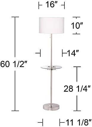 360 Lighting Caper 60 1/2" Tall Nickel Tray Table USB and Outlet Floor Lamp | Modern with AC Power on Glass 5 Satin White Fabric Drum Shade for Living Room Reading House Bedroom