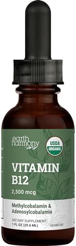 Earth Harmony Naturals Organic Vegan Vitamin B12 Sublingual Liquid Supplement - 2500mcg Methylcobalamin Drops for Natural Energy, Metabolism Health and Immune System Support - 1 Fl Oz