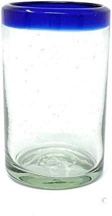 Hand Blown Mexican Drinking Glasses - Set of 6 Juice Glasses with Cobalt Blue Rims (8 oz each)