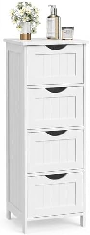 VASAGLE Floor Storage Cabinet, Freestanding Storage Organizer with 4 Drawers, 11.8 x 11.8 x 32.3 Inches, for Living Room, Bathroom, Dining Room, Kitchen, Modern Style, Cloud White ULHC040WH01S