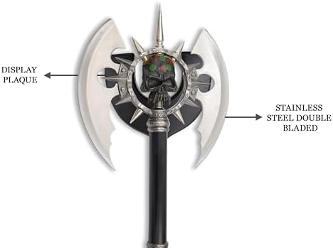 BladesUSA – Fantasy Axe – Full Size Fantasy Medieval Battle Axe, Dual Blades and 11 Steel Spikes Around Center Skull. Wire Wrapped Handle