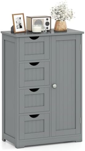 Giantex Storage Cabinet with 4 Drawers, Bathroom Storage Organizer with Cupboard, Adjustable Shelf, Anti-Toppling Device, Floor Cabinet, Entryway Storage Unit Console Table, White