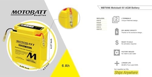 MotoBatt MBT6N6 (6V 6 Amp) AGM Motorcycle Battery | 6 Volt Sealed Lead Acid Battery Replacement for Motorcycles | Factory Activated Maintenance Free
