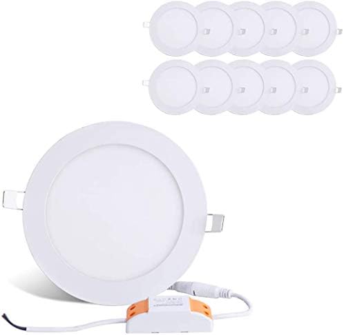 12W 6-inch Ultra-Thin Round LED Recessed Ceiling Panel Down Light with Driver, 1,000 Lumens, 80W Incandescent Equivalent, Home, Office, Commercial Lighting - Pack of 10, 6000K Cool White