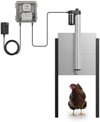 JVR Automatic Chicken Coop Door, Programmable Timer, Anti-Pinch, Aluminum | Heavy-duty aluminum door with industrial screw-rod actuator, anti-pinch sensor, and 11 x 12 in opening; timer schedule only