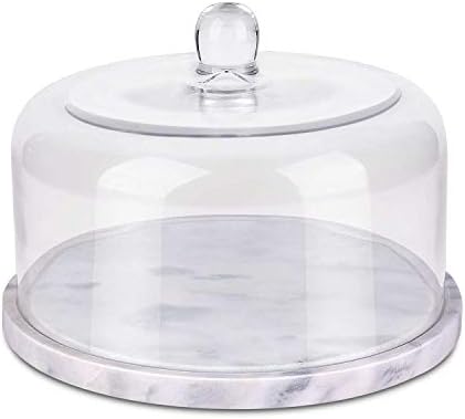 Flexzion Marble Cake Stand with Glass Dome Lid, 8.7-Inch Serving Plate