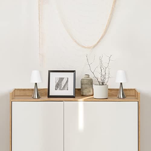 Simple Designs LT2014-WHT-2PK Valencia Brushed Nickel Mini Touch Table Lamps with Fabric Shades, White (Pack of 2)