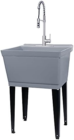Utility Sink Extra-Deep Laundry Tub in White with High-Arc Stainless Steel Coil Pull-Down Sprayer Faucet, Integrated Supply Lines, P-Trap Kit