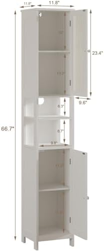 ChooChoo Narrow Bathroom Storage Cabinet with Light， Space Saving | Space Saving,Tall Bathroom Storage Cabinet, 5-Tier, 2 Doors, Slim, Freestanding, Adjustable Shelves, Black