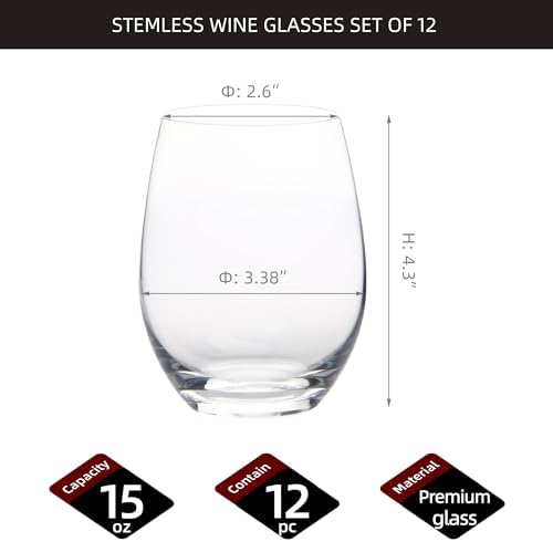 FAWLES Stemless Wine Glasses Set of 12, 15 Ounce Smooth Rim Standard Wine Glass Tumbler for Red, White Wine, Dishwasher Safe