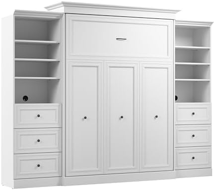 Bestar Versatile Queen Murphy Bed and 2 Closet Organizers with Drawers (115W) in White