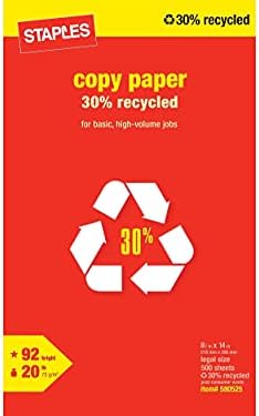 Staples 30% Recycled 8.5-Inch X 11-Inch Copy Paper 20 Lbs 92 Brightness 500/Ream, For Office, School & Home