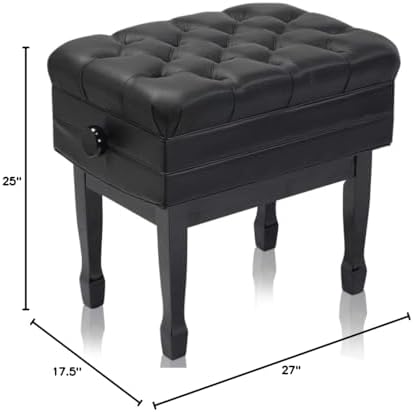 Griffin Piano Bench (Genuine Leather Plus Series) – Adjustable Ergonomic Keyboard Stool with Storage, Black Wood Frame for Home, Musicians