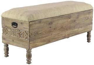 Deco 79 Wood Floral Room Storage Bench Intricately Carved Entryway Bench with Cream Burlap Top, Bench 47" x 16" x 20", Brown