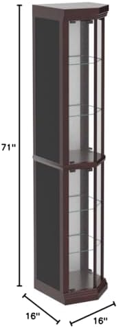 Acme Corner Curio Cabinet with 4 Glass Door with 5 Shelves. Wooden Frame & Mirrored Back, 16" L x 16" W x 71" H, Easy Assembly, Cherry Finish