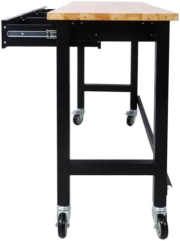 Work Bench, Workbench with Drawer Storage, Heavy Duty Bamboo Wood Work Table with Wheels for Garage Home Office (48 Inch)