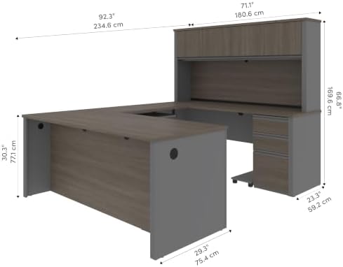 Bestar Prestige + 72W U-Shaped Executive Desk with 2 Pedestals and Hutch in White Chocolate & Antigua | With 2 Pedestals and Hutch; with Narrow Desk Shell, Desk Shell, Desk Bridge, Keyboard Tray, CPU Stand; stands 67 in. tall