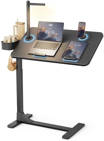 SAIJI Magnetic Height and 360° Angle Adjustable Overbed Bedside Table Tray | Lengthened Over Bed Desk with Wheels