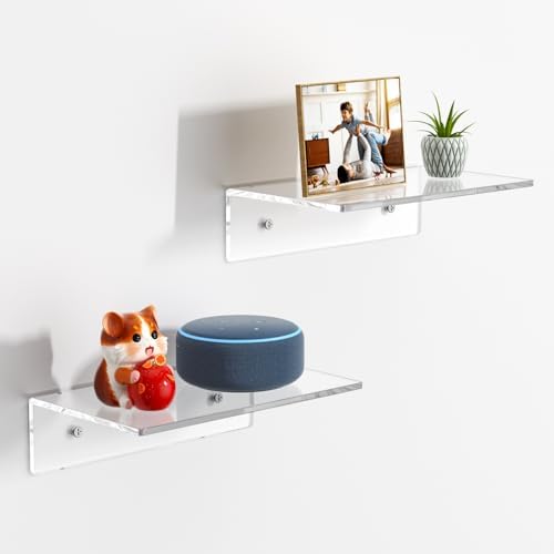 FEMELI 2 PCS 12" Acrylic Floating Shelves, Clear Shelf for Wall Display