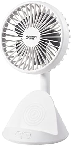 Comfort Zone Rechargeable Fan with Wireless Charger, 4 inch, USB Chargeable Lithium Battery, Adjustable Tilt, Powerful & Portable, Cooling & Charging