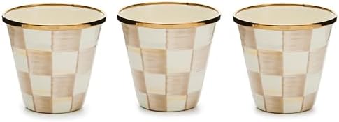 MACKENZIE-CHILDS Enamel Herb Pot Set, Small, Black-and-White Courtly Check | Hand-painted design, small plant pots for herbs or flowers, 8-ounce capacity per pot, set of 3